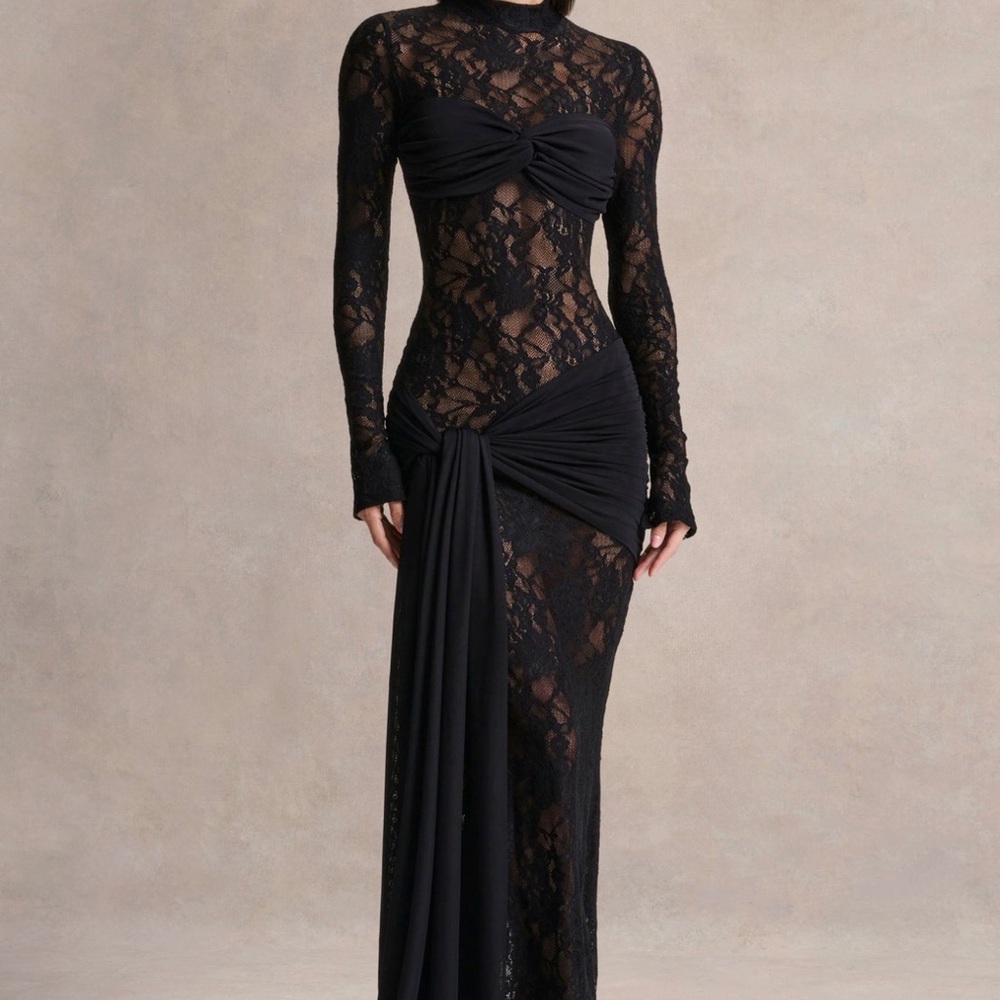 Club L London Black Sheer Lace Maxi Gown with Draped Twist Detail